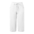 thumbnail image 6 of Plus Size Women's Cotton Linen Drawstring Elastic Waist Capri Shorts, Solid Pocket Lightweight Loose Trousers, Cool Summer Casual Bottoms for Home Vacation Outdoor | TruHer,White 4XL, 6 of 6