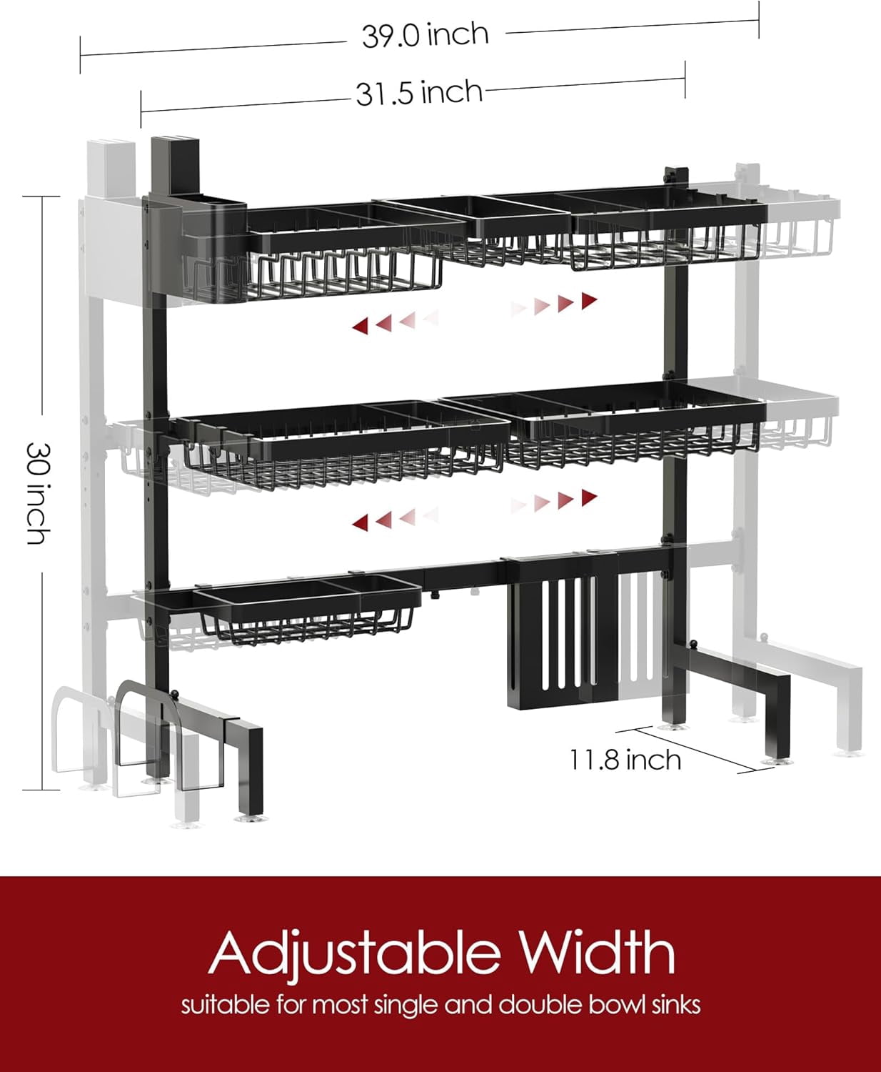 Dish Drying Rack - Over The Sink Dish Drainer Drying Rack with Utensil & Knife Holder, Hooks, Stainless Steel Kitchen Organizers and Storage Solution