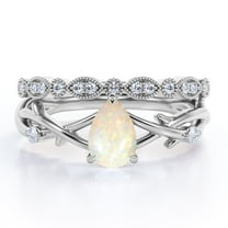 JeenMata Crossover - 1.25 Carat Pear Shaped Cantera Opal And Moissanite - 3 Prong - Art Deco Filigree Milgrain Wedding Ring Set - 18K White Gold Plating Over Silver