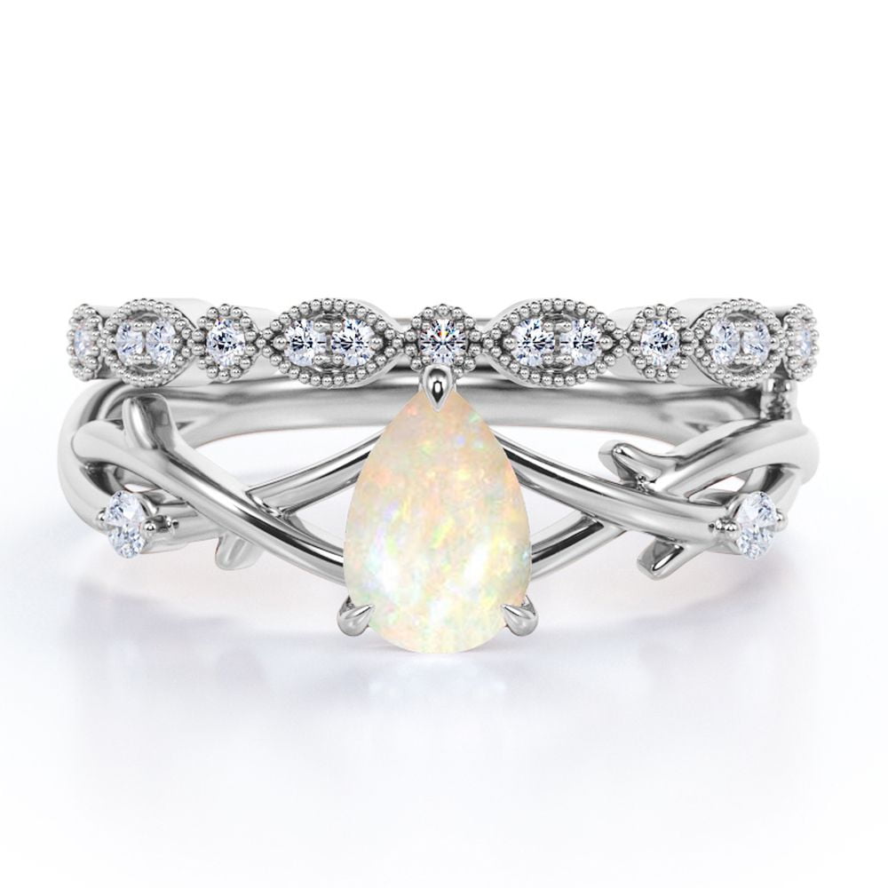 JeenMata Crossover - 1.25 Carat Pear Shaped Cantera Opal And Moissanite - 3 Prong - Art Deco Filigree Milgrain Wedding Ring Set - 18K White Gold Plating Over Silver