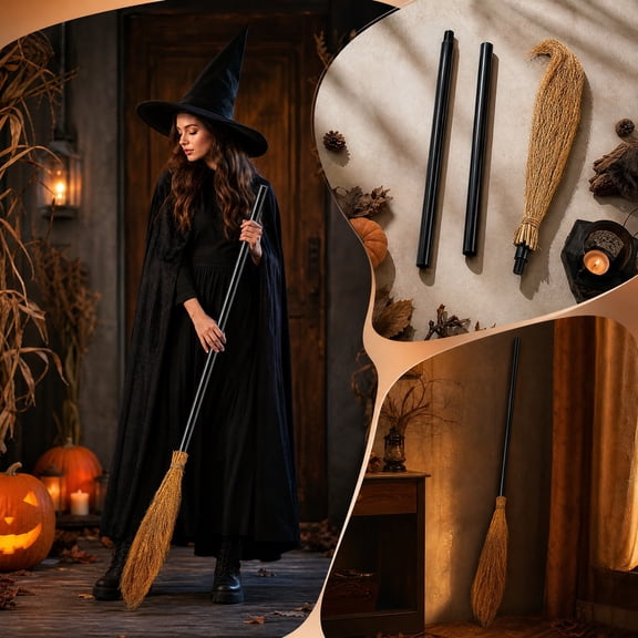 Witch Brooms Halloween Prop Flying Broomstick Costumes Accessory for Party Indoor Outdoor Front Door Porch Patio Yard Decor 21.6x1.2x1.2in
