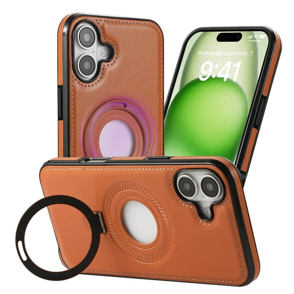 Allytechgroup iPhone 16 Plus Magnetic Case, Retro PU Leather TPU Back Cover Compatible with Magsafe Shockproof Ring Holder Kickstand Phone Case for Apple iPhone 16 Plus, Brown