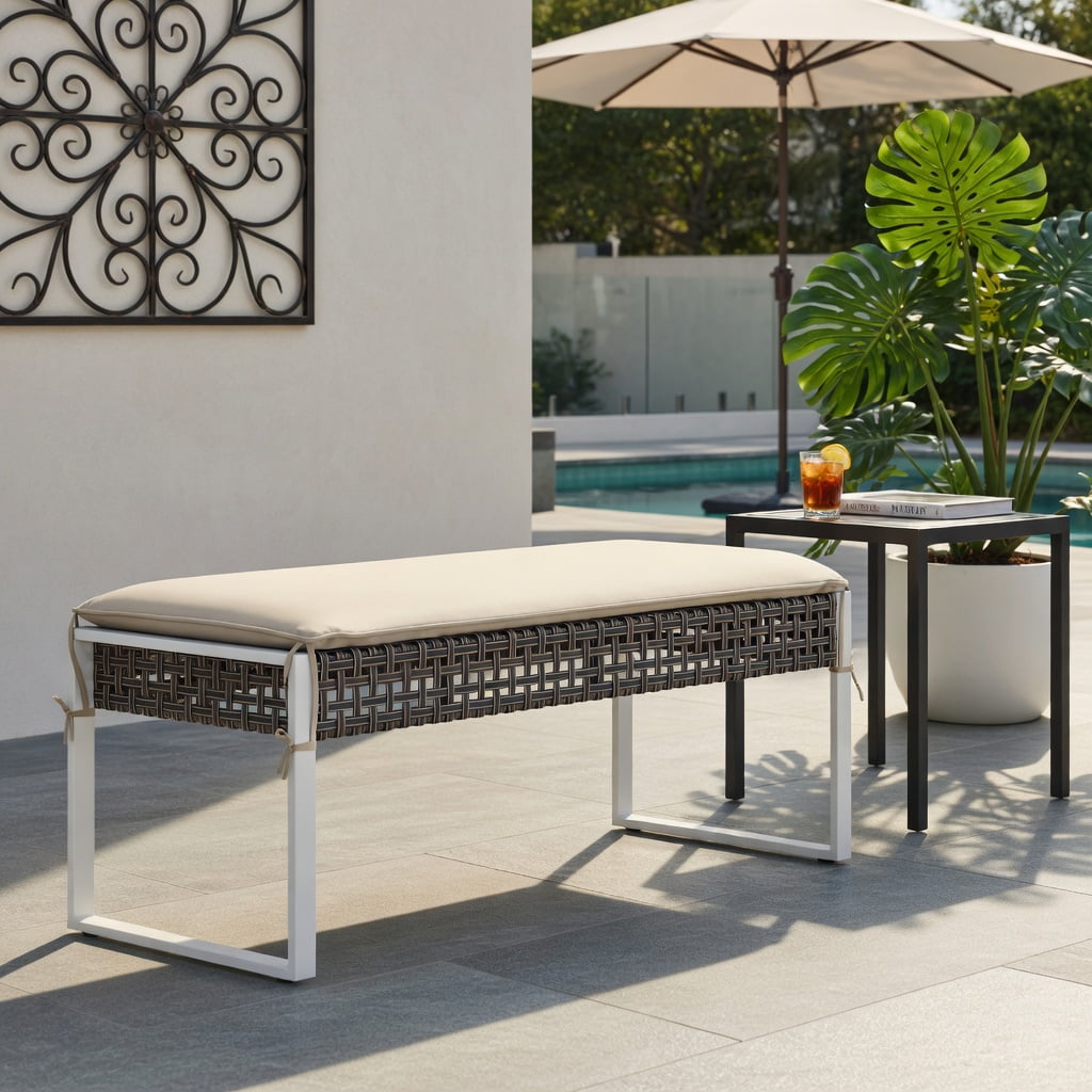 Hommoo 43" Patio Ottoman Set of 2, Woven PE Rattan Outdoor Footrest with Metal Frame, Removable Cushions, Heavy-Duty X-Frame Design for Backyard, Poolside & Porch, Natural