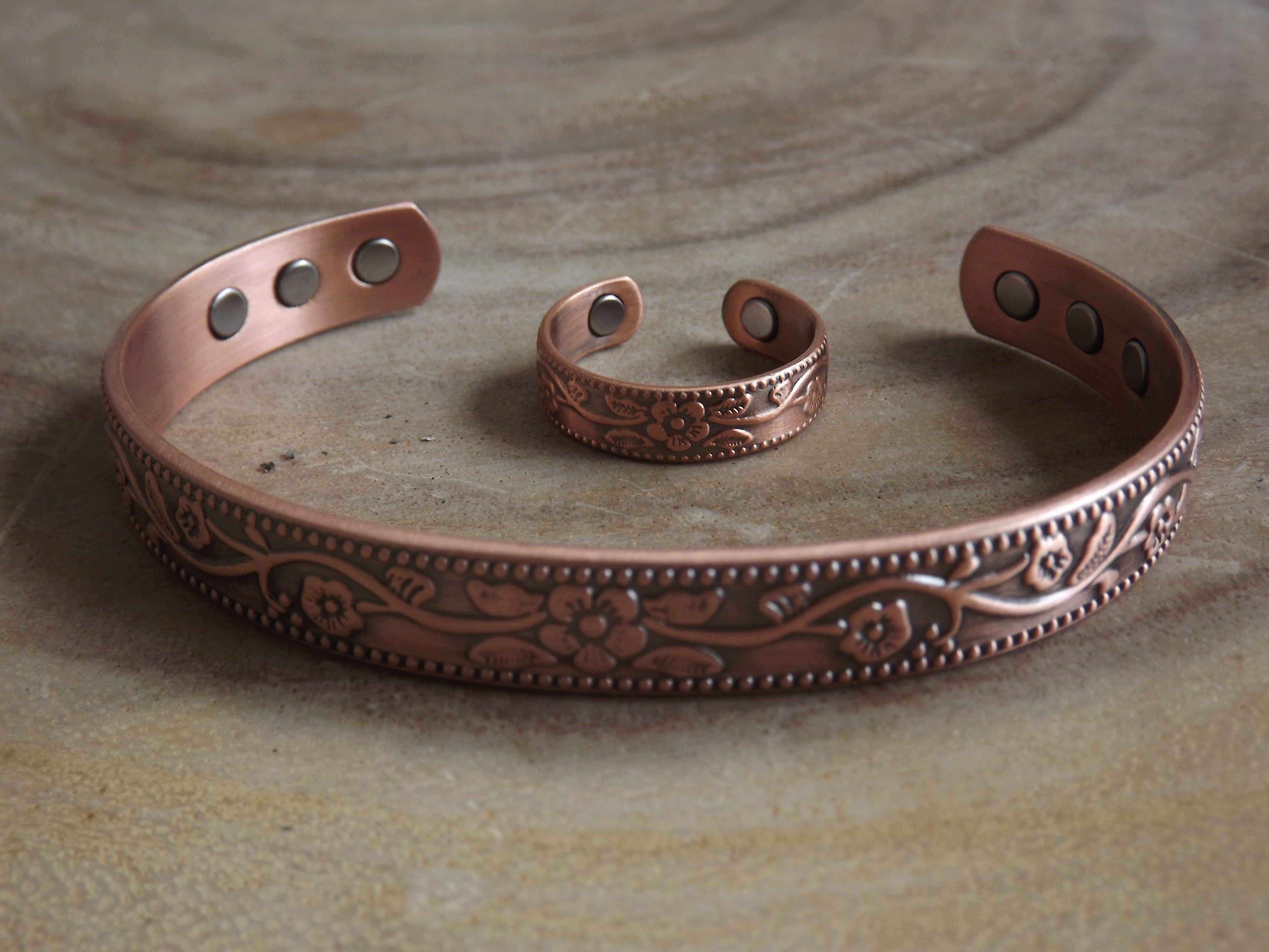 Flowers Magnetic Copper Bangle And Matching Magnetic Copper Ring Set of 2 Pieces For Men And Women