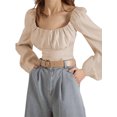 thumbnail image 1 of VISgogo Blusas cortas con busto fruncido para mujer, manga larga de farol, cuello cuadrado, camisetas ajustadas VISgogo moda, 1 of 8