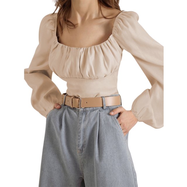 VISgogo Blusas cortas con busto fruncido para mujer, manga larga de farol, cuello cuadrado, camisetas ajustadas VISgogo moda