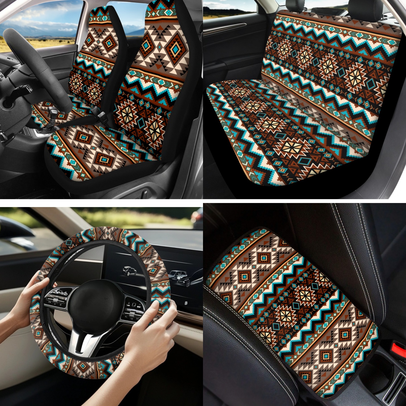 Yuyamidu Aztec African Tribal Car Seat Covers Full Set 13 PCS Auto Steering Wheel Cover Seat Belt Covers Arm Rest Cushion Coasters Wrist Key Ring Automobile Interior Sets