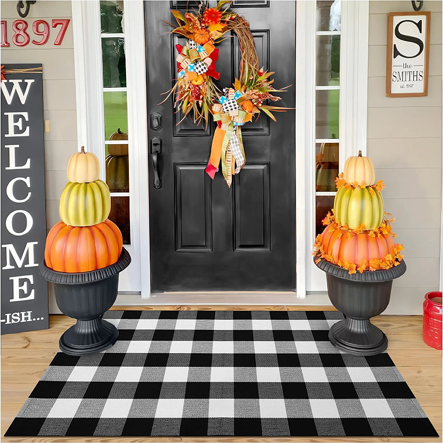 iOhouze Outdoor Rugs Buffalo Plaid Black and White 3'x5' Area Rug, Cotton Woven Washable Indoor Outdoor Rug Farmhouse/Living Room/Bedroom/Kitchen Rug Retro Lattice Checkered Rug