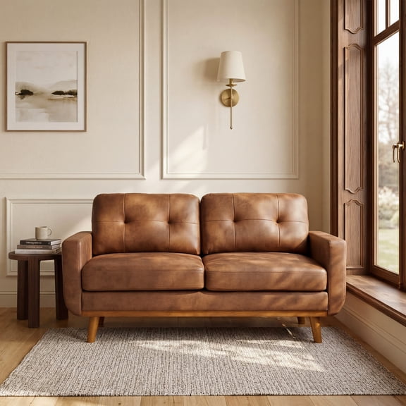 Lunale 65" Loveseat Sofa for Small Space, Modern Cozy 2-Seater Upholstered Couch with Wood Legs, Brown Faux Leather