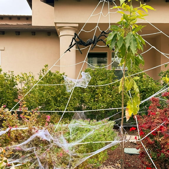 Wrapables 16ft Giant Triangular Spider Web Kit with Cobwebs and 5ft Large Spider   20 Small Spiders, Indoor Outdoor Haunted House Halloween Decor