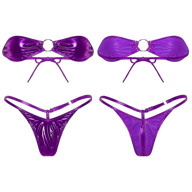 Conjunto de bikini micrometálico brillante para mujer, lencería sexy, sin tirantes, con lazo en la espalda, mini sujetador y tanga, ropa interior de playa