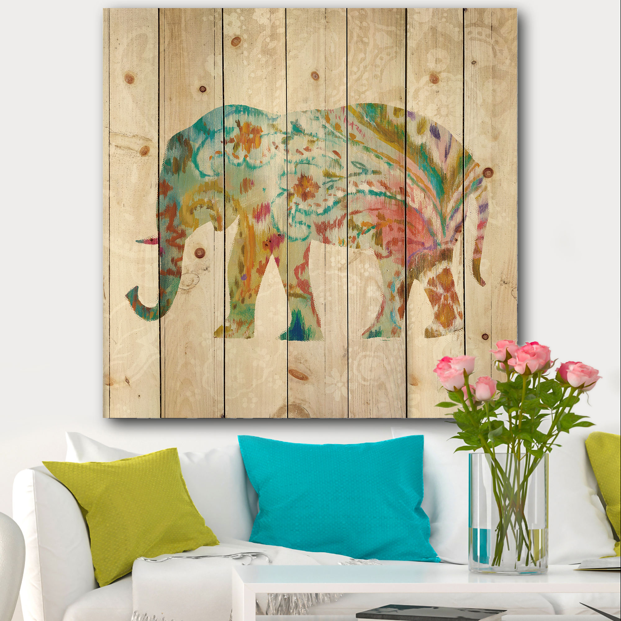 Designart 'Boho Paisley Elephant II' Bohemian & Eclectic Print on Natural Pine Wood
