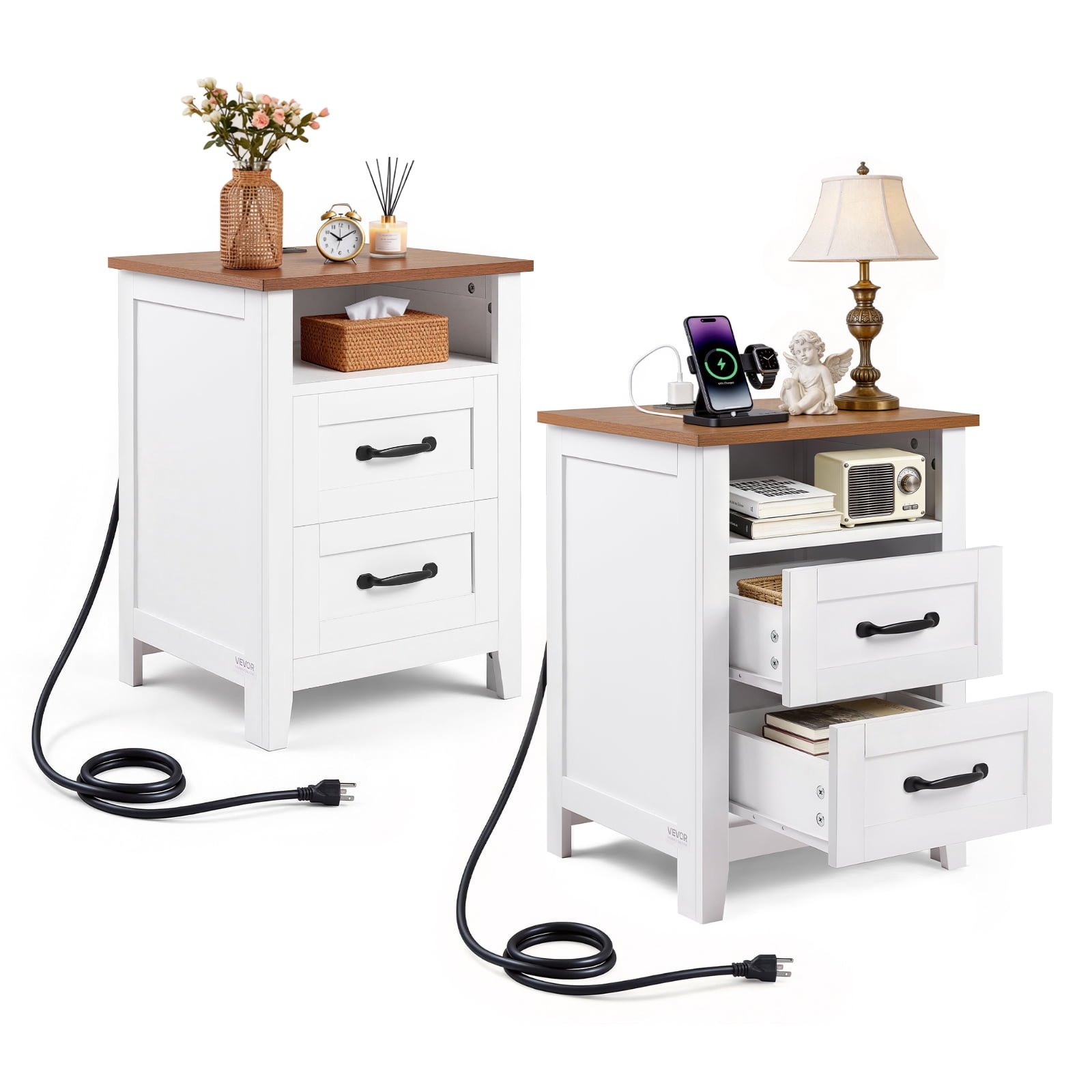 VEVOR Farmhouse Nightstands, with Charging Station, Set of 2, End Tables with 2 Drawers and Open Shelf, Bedside Storage Cabinets, Rustic Side Tables with USB Port