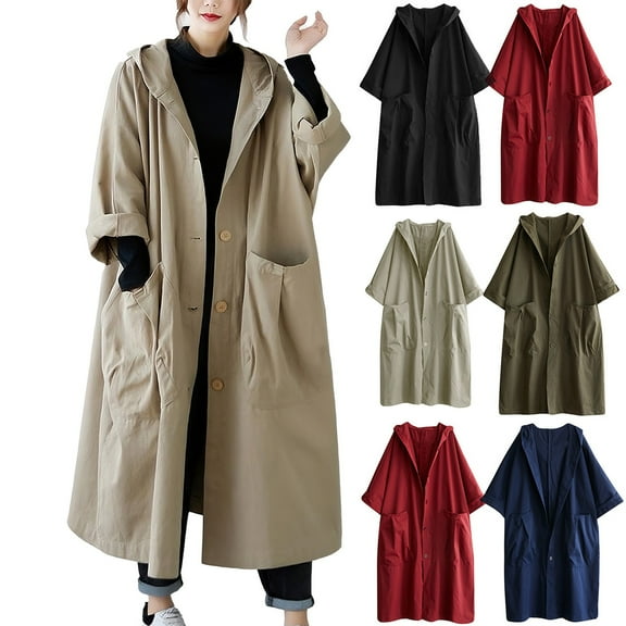 Bovxnpu Long Trench Coats for Women Cargo Casual Jacket Outerwear Women's Plus Size Fashion Vintage Long Hooded Trench Coat Outerwear