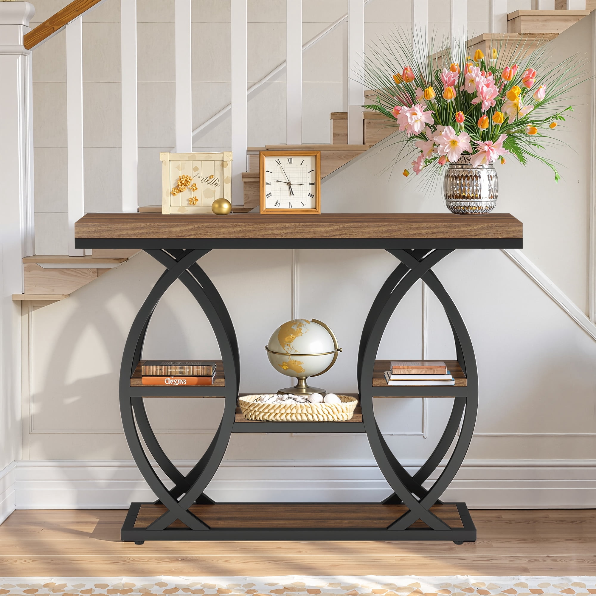 MAYEERTY 4-Tier Industrial Console Table, Rustic Top Geometric Metal Base Narrow Entryway Table