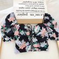 thumbnail image 6 of JANDEL Black Elegant Stylish Women's Fashion Floral Print V Neck Exposed Navel Sexy Sweet Short Sleeve Chiffon Shirt Blouse, 6 of 7