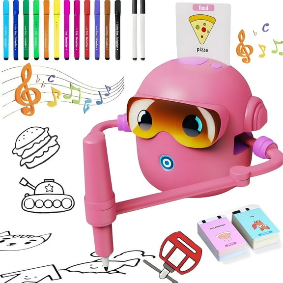 Drawing Robot for Kids, Learning Educational Robot Toys with Voice Interaction, Includes 100 Word Cards, Learning Activities Toy Christmas Birthday Gift for Kids, Pink