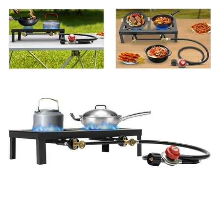 8000W Double Burner Gas Cooker, Portable Outdoor Gas Stove Propane Cooker with Adjustable 0-20Psi Regulator Hose, Gas Equipment for Outdoor Camping/Picnics/Hiking