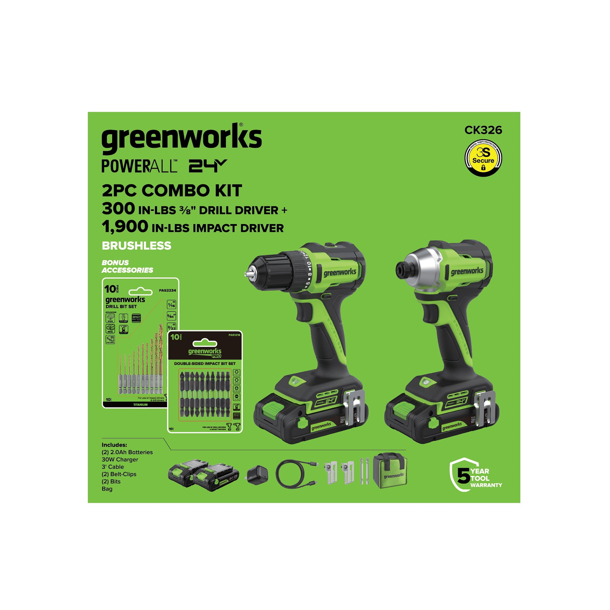 Greenworks 24V 2Pc Power Tool Combo Kit with Drill and Impact Driver, Included 10Pc Drill Bit and Double Sided Impact Bit Sets, CK326A2