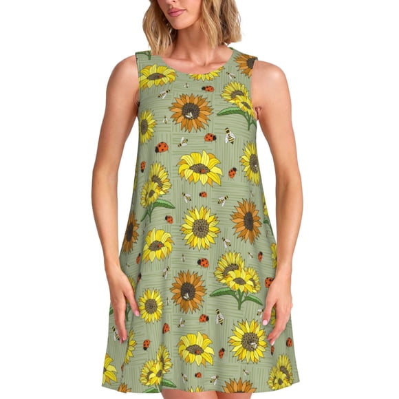 Cauagu Sage Green With Sunflowers for Womens' Summer Dresses,Sleeveless Sundresses Vacation Casual Dress Round Neck Dresses with 2 Pockets