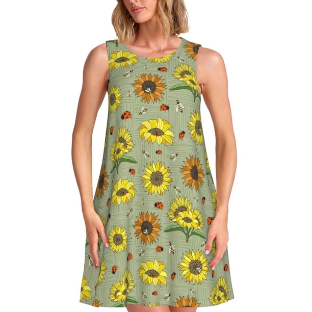 Fotbe Sage Green With Sunflowers Vestido de Verano sin Mangas para Mujer – Vestido Midi Línea A, Estilo Camiseta Floral, Vestido Playero Casual y Fluido
