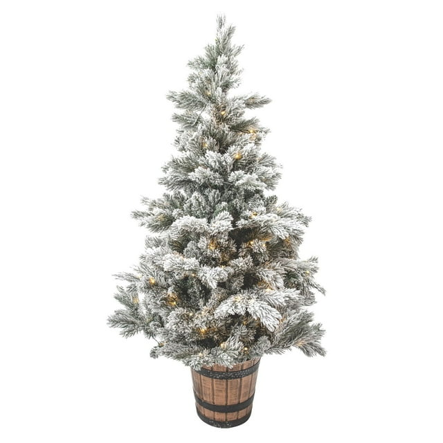 Pin en Pot Floqué Pré-Illuminé de 4,5 Pi avec 100 Lumières DEL Doubles de 5 mm (Blanc Chaud/multicolore), 329 Pointes Floquées et un Panier Décoratif Brun, Convient à la Décoration des Fêtes Intérieure Ou Extérieure Couverte sur les Entrées, Terrasses Ou patios.