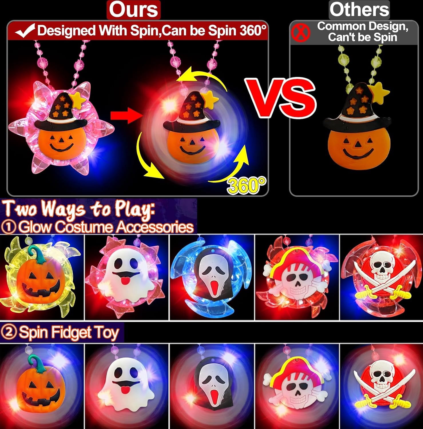 42 Pcs Halloween Party Favors for Kids Halloween Glow in the Dark Toys Rotating Spin Light Up Necklaces LED Bracelets Flash Rings Brooches Hair Lights Halloween Treats Gifts Bag Fillers Party Supplies