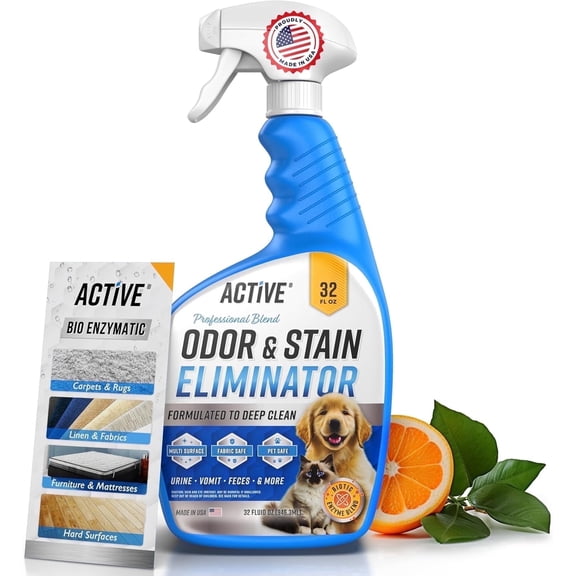 Active Pet Urine Stain Eliminating Cleaner with Enzymes, 32 oz, for Dog and Cat Odor, Carpet and Upholstery Deodorizer, Natural Citrus
