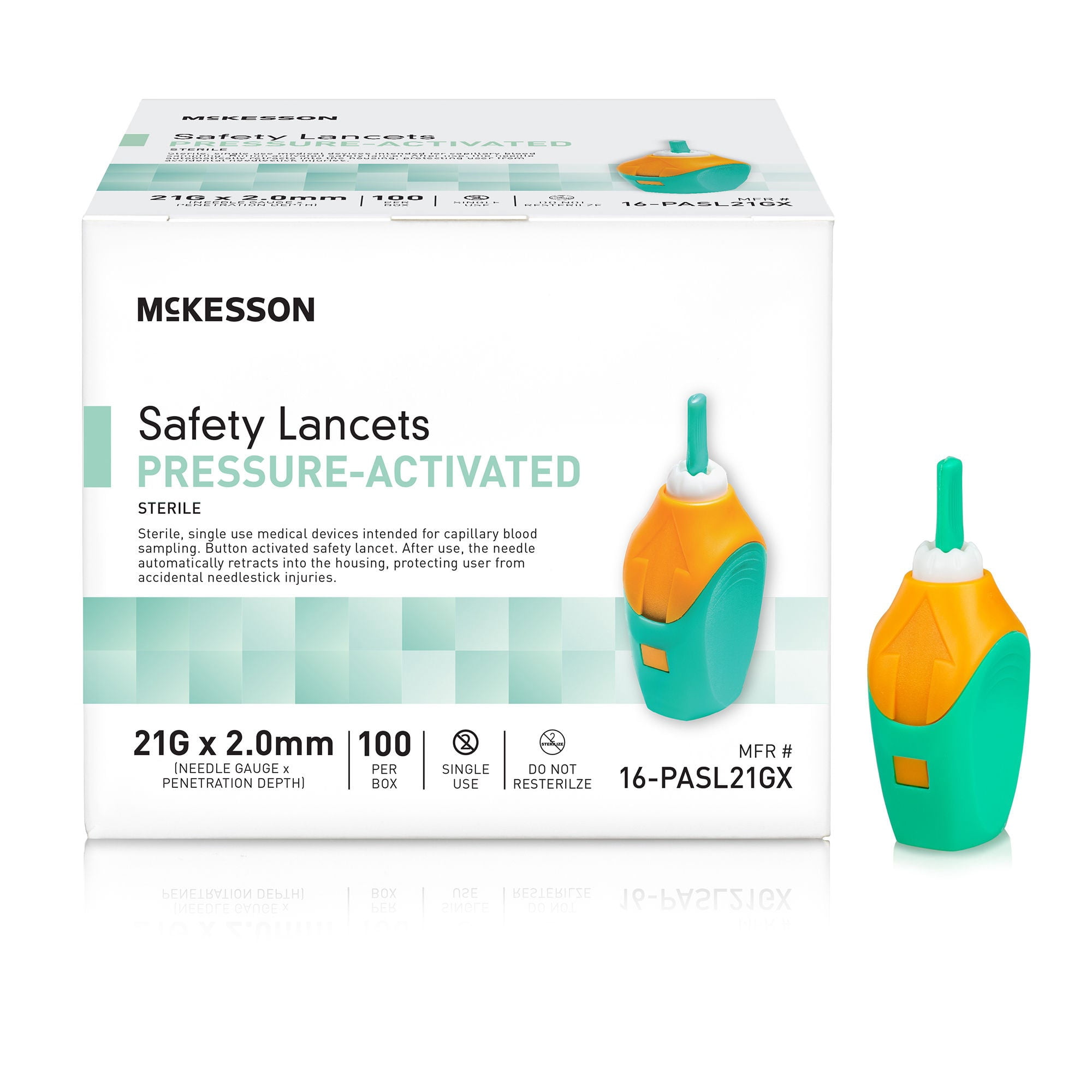 McKesson Safety Lancet, Retractable, Pressure-Activated Finger Device, Sterile - Ideal for Blood Testing - Single Use, 21 Gauge, 2.0mm Depth, 100 Count, 1 Pack