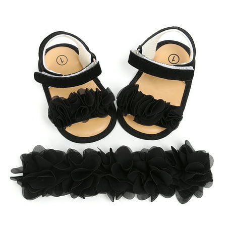 

0-18M Infant Newborn Baby Girls Sandals Floral Summer Solid Color Anti-slip First Walker Soft Sole Crib Princess Shoes+Headband 2Pcs Set