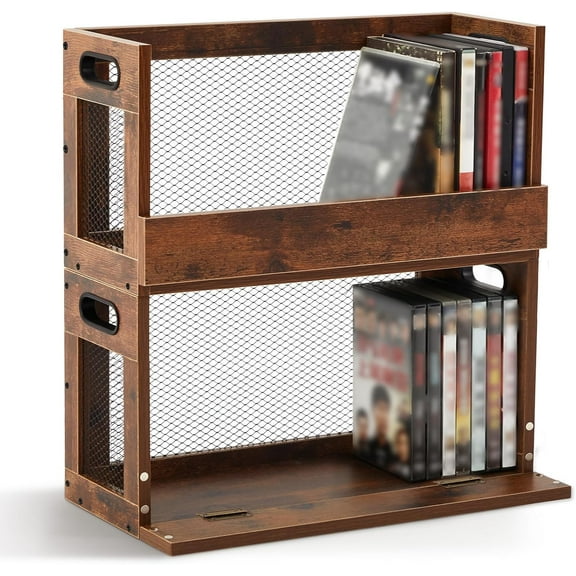 2 Set Metal & Wooden DVD Storage Box Movie Holder Shelf Tape Display Racks with Carrying Handles, Organizer Shelf for Video Game Cases, CDs, Each Set Can Store Up to 26 Pcs DVDs