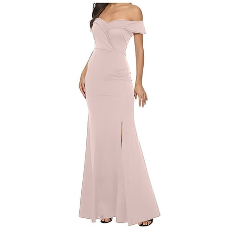Feancey Womens Elegant Wedding Dress Off Shoulder High Split Prom Formal Maxi Dress Front Twist Knot Long Cocktail Evening Gown Pink S