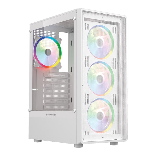 Gabinete Gamer BALAM RUSH DRAGONFLY PERFORM AIRCOOL GM590AW ATX Media Torre 4 Fan RGB Cristal Templado USB 3.0 Blanco