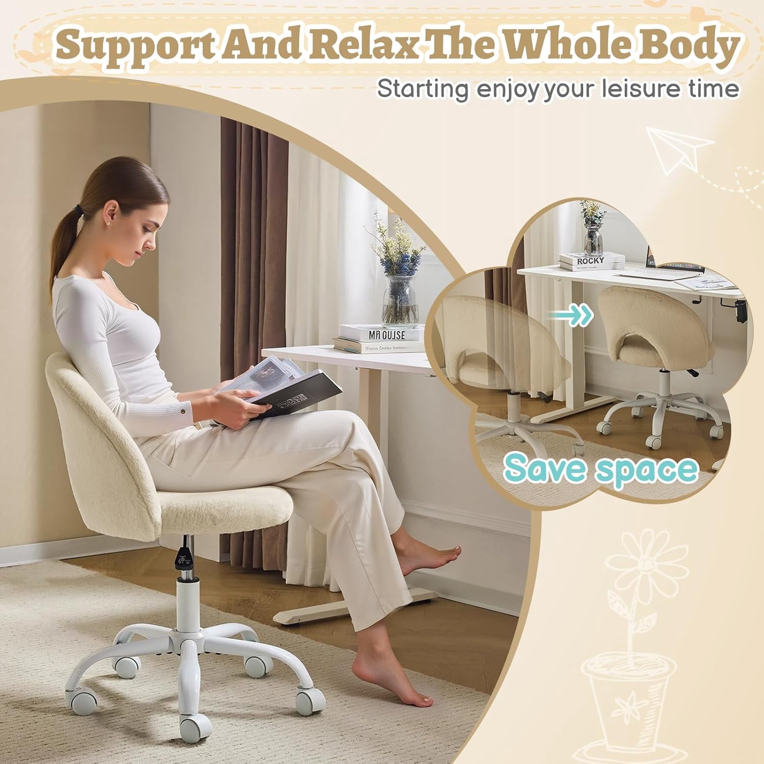 VINGLI Small Vanity Chair with Wheels for Girls.Cute Modern Adjustable Height Armless Office Desk Chair.360°Swivel Comfy Rolling Chair for Study, Make up Room,Small Space,Linen White