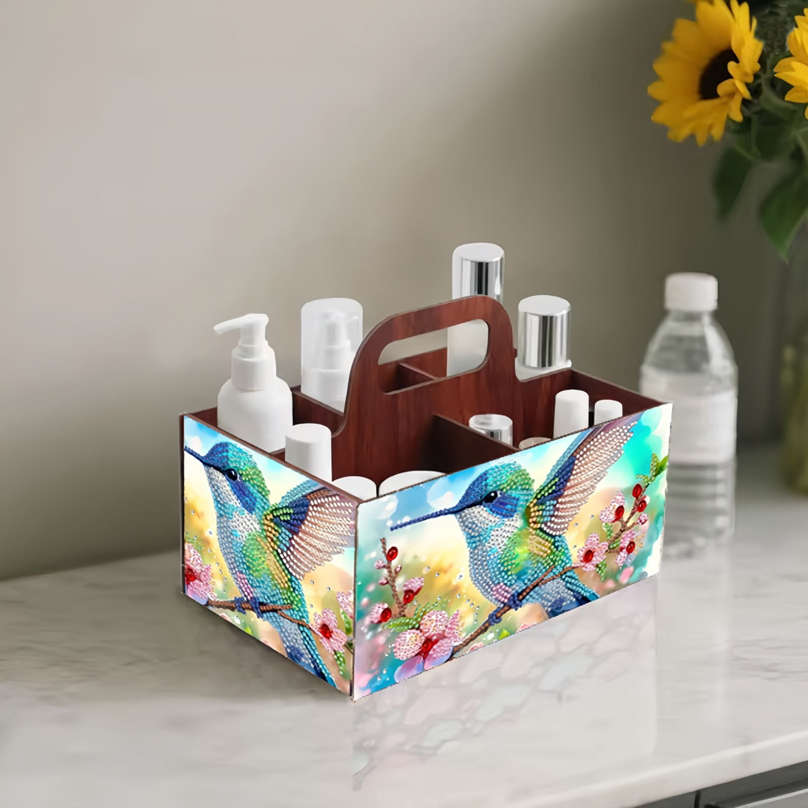 FLOPESN DIY Hummingbird Diamond Art Painting 5 compartments Wooden Storage Box, 9.44*8.14in, Practical Rectangular Assembly Portable Multi-Grid Box