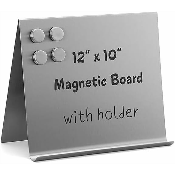 Large Magnetic Bulletin Board – Dry Erase Memo Board with Stand – Tabletop Metal Easel for Magnet Display – 12x10 Inches   4 Magnets