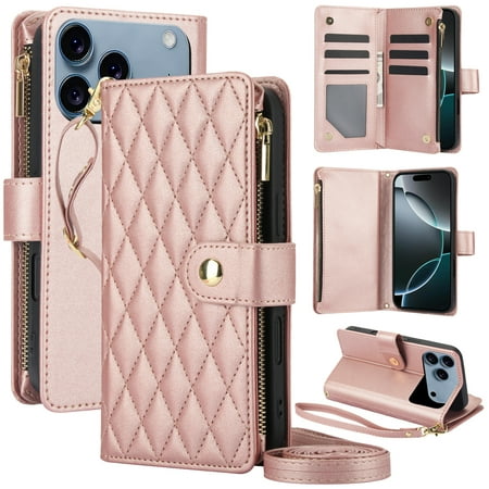 Kryonix for iPhone 17 Pro Wallet Case Crossbody Zipper Purse with Wrist Strap Lanyard Handbag RFID Blocking Card Holders Kickstand Flip Leather Cover Pink/Beige/Black