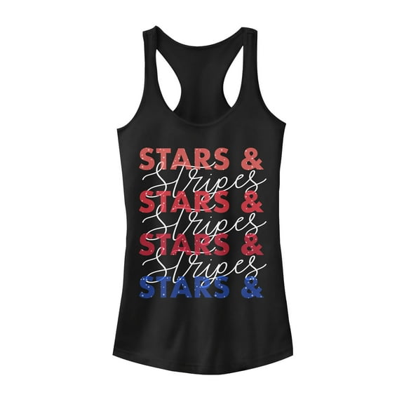 Junior's Lost Gods Fourth of July  Stars & Stripes Repeat  Racerback Tank Top Black 2X Large