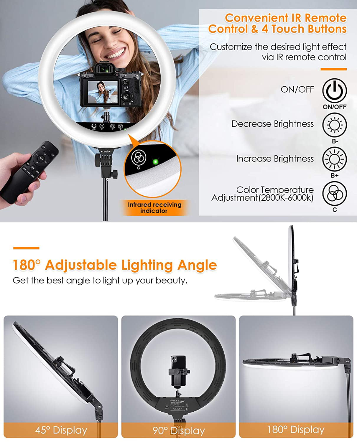 18in Ring Light with Stand ELEGIANT Big Ring Light Kit 55W Dimmable 2800-6000K Circle Light with Tripod Phone/Pad Holders Remote Control Carrying Bag for Live Stream MUA light Vlog TikTok Selfie Zoom 
