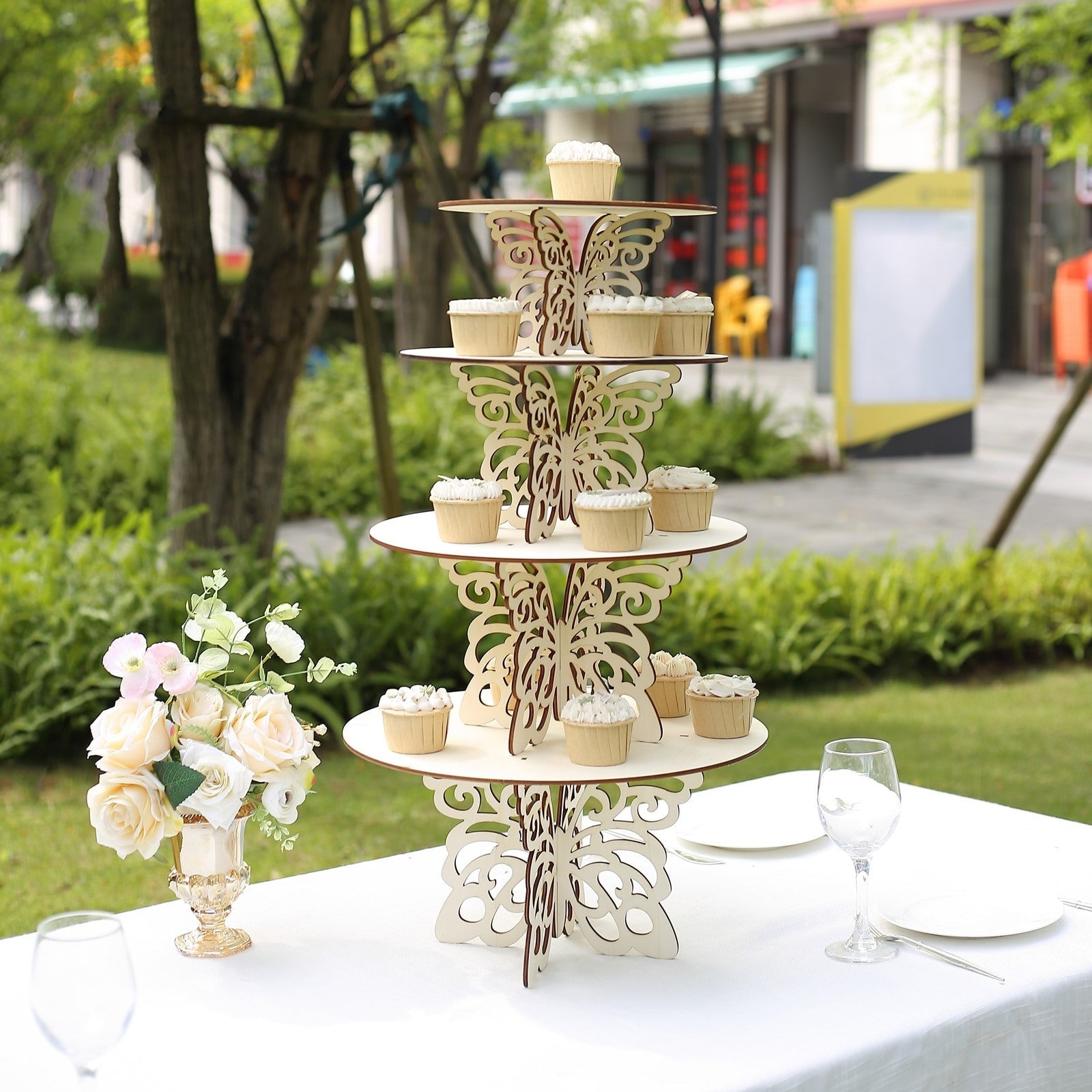 15.5" Tall 4-Tier Round Wood Cupcake Stand - Natural Rustic Wood Slice Dessert Stand For Wedding, Birthday Party Decor