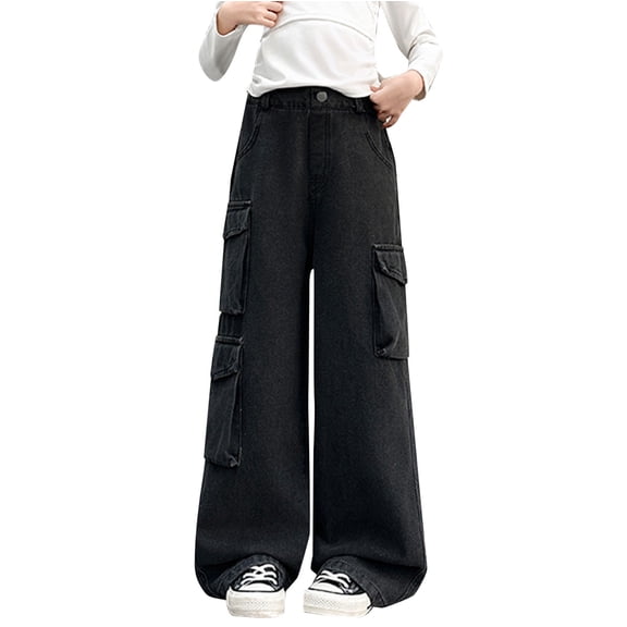 KAUOD Girls Floor Cargo Jeans Oversized Pockets Baggy Wide Leg Streetwear Denim Pants Teen Kids High Waist Retro Jeans