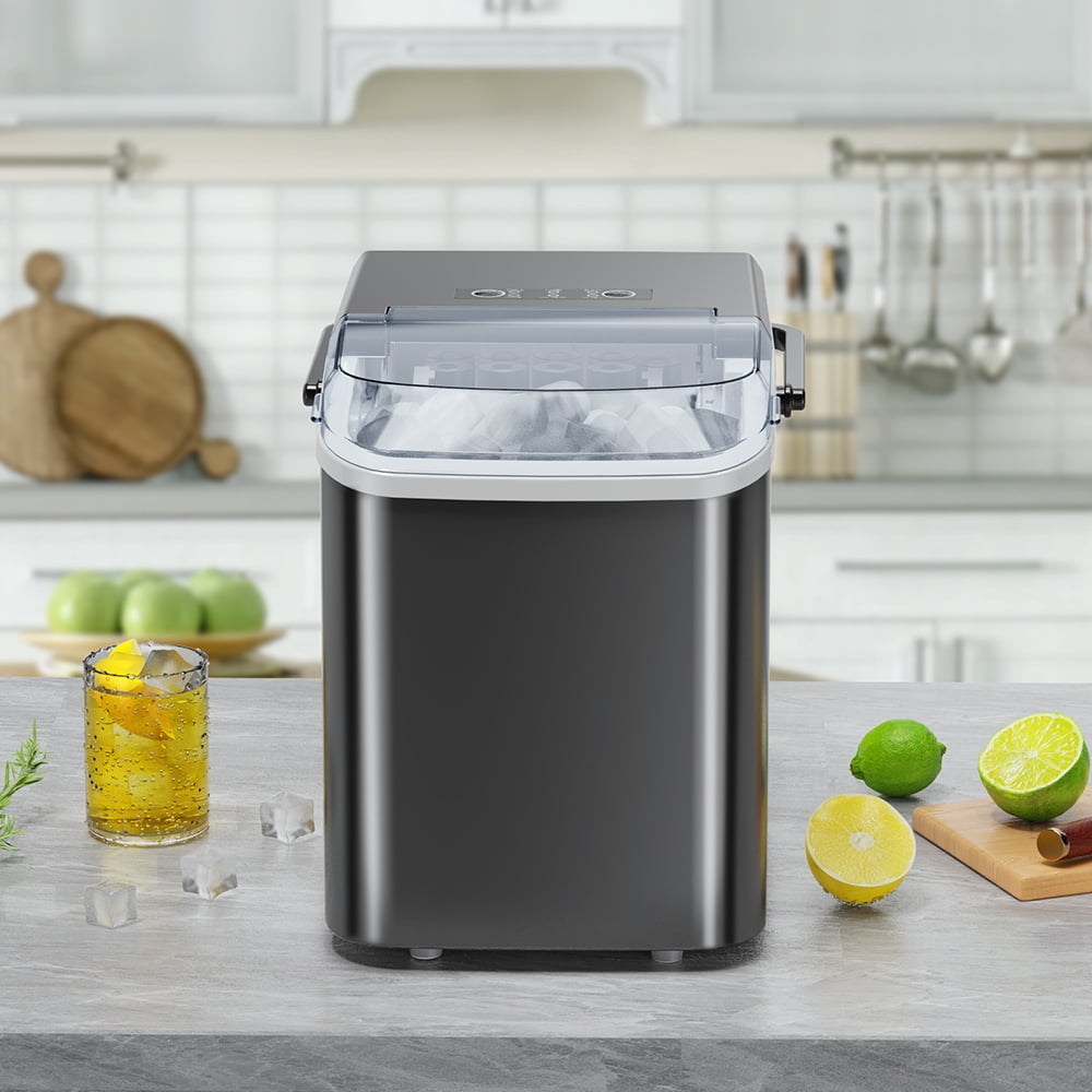 Portable Self Cleaning Countertop Ice Maker Machine, 6 Mins/9 Pcs, 26.5lbs/24Hrs, 2 Sizes of Bullet Ice, Ideal for Kitchen, Office, and Parties, Stainless Steel Black Ice Maker with Scoop and Basket
