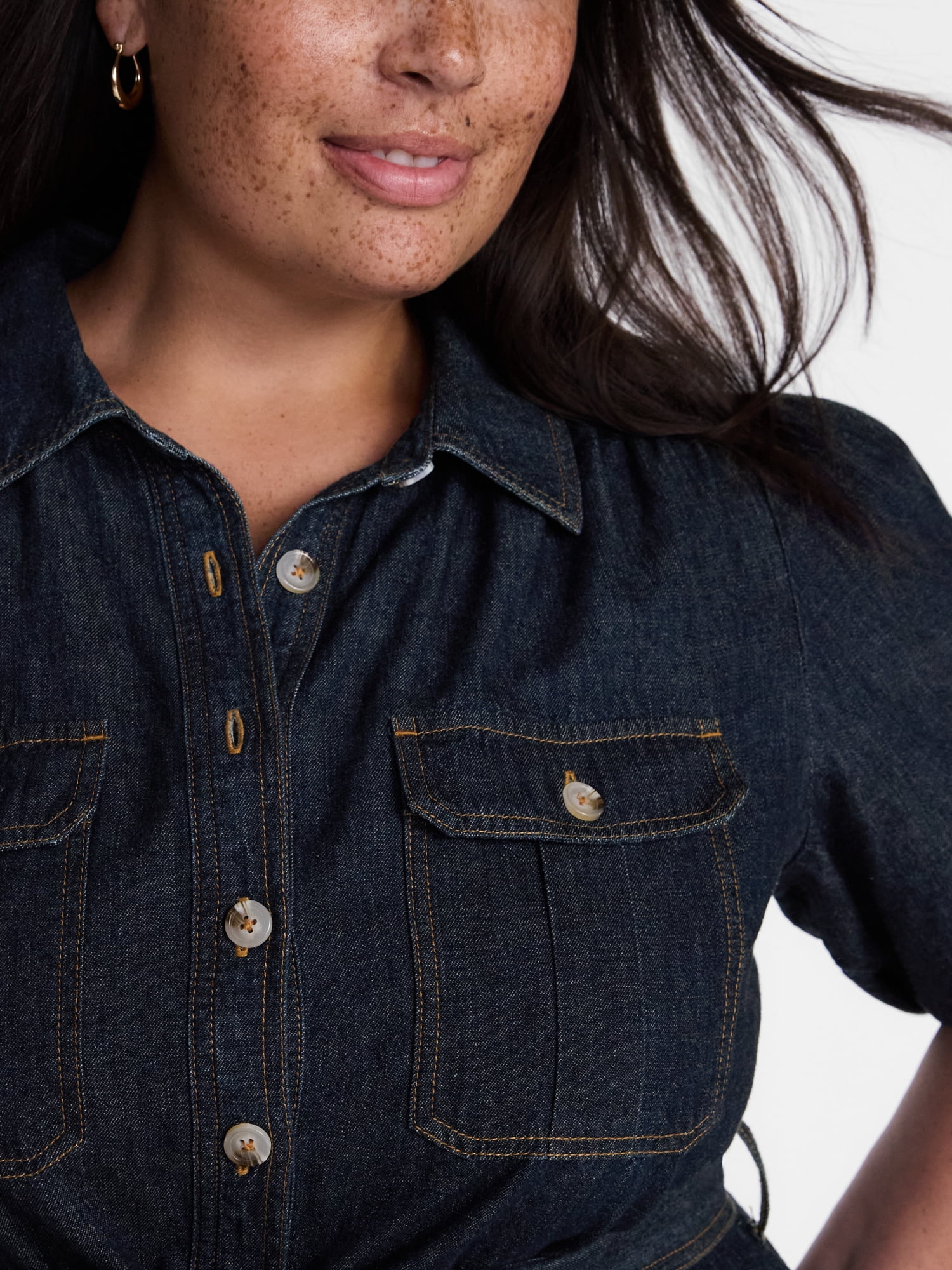 Terra & Sky Denim Belted Mini Shirtdress with Short Puff Sleeves, Sizes 0X-4X