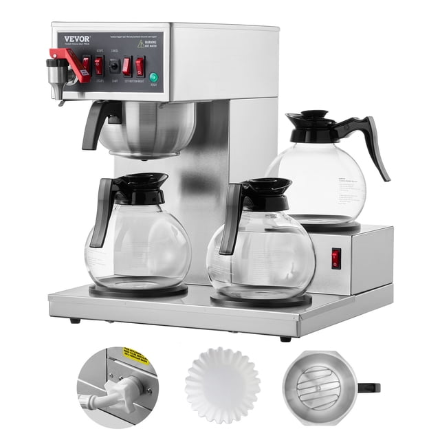VEVOR Cafetera de goteo comercial de 12 tazas con 3 jarras de vidrio y 3 calentadores para oficina