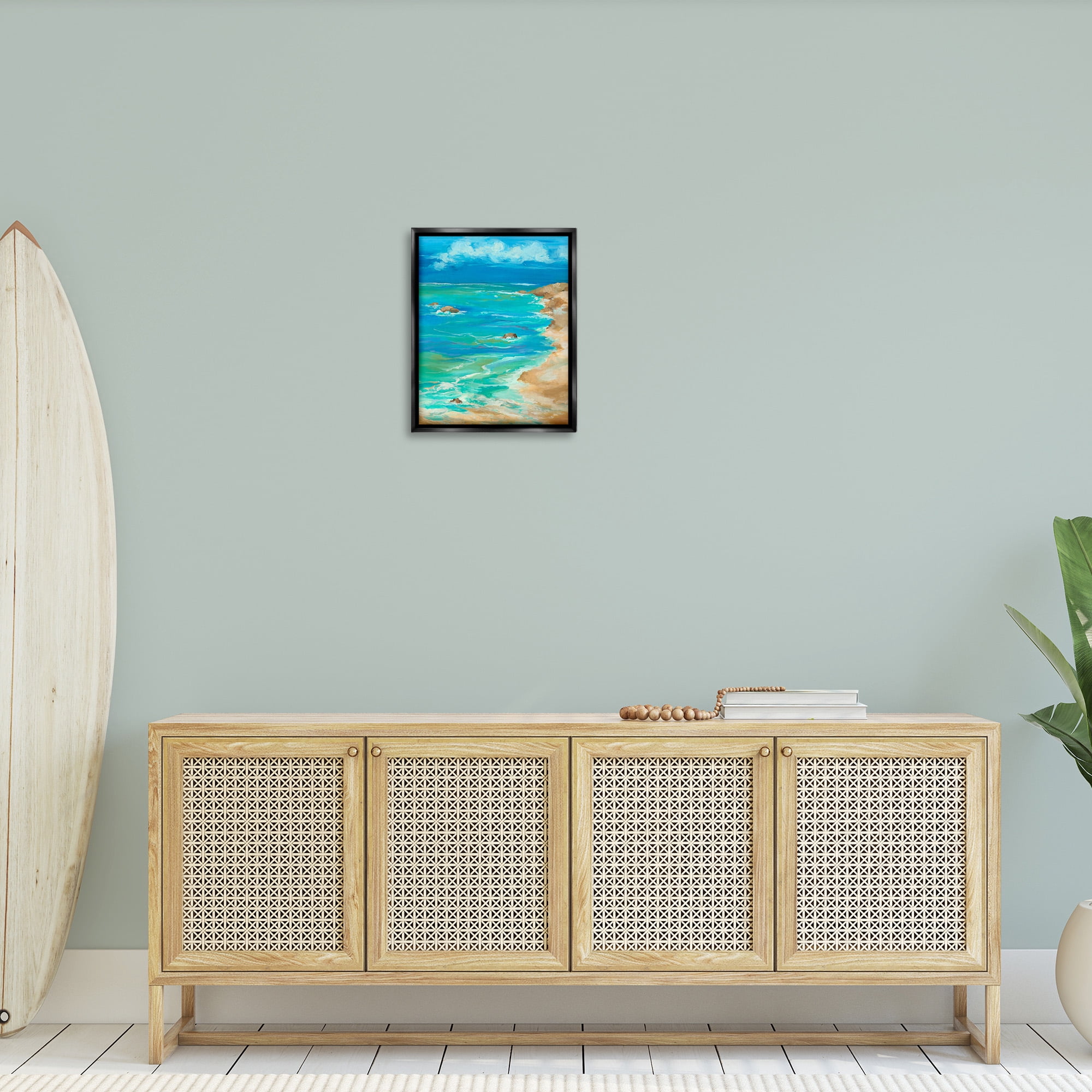 Stupell Industries Vivid Rocky Beach Cove Landscape Painting Black Floater Framed Canvas Art Print Wall Art, 17 x 21