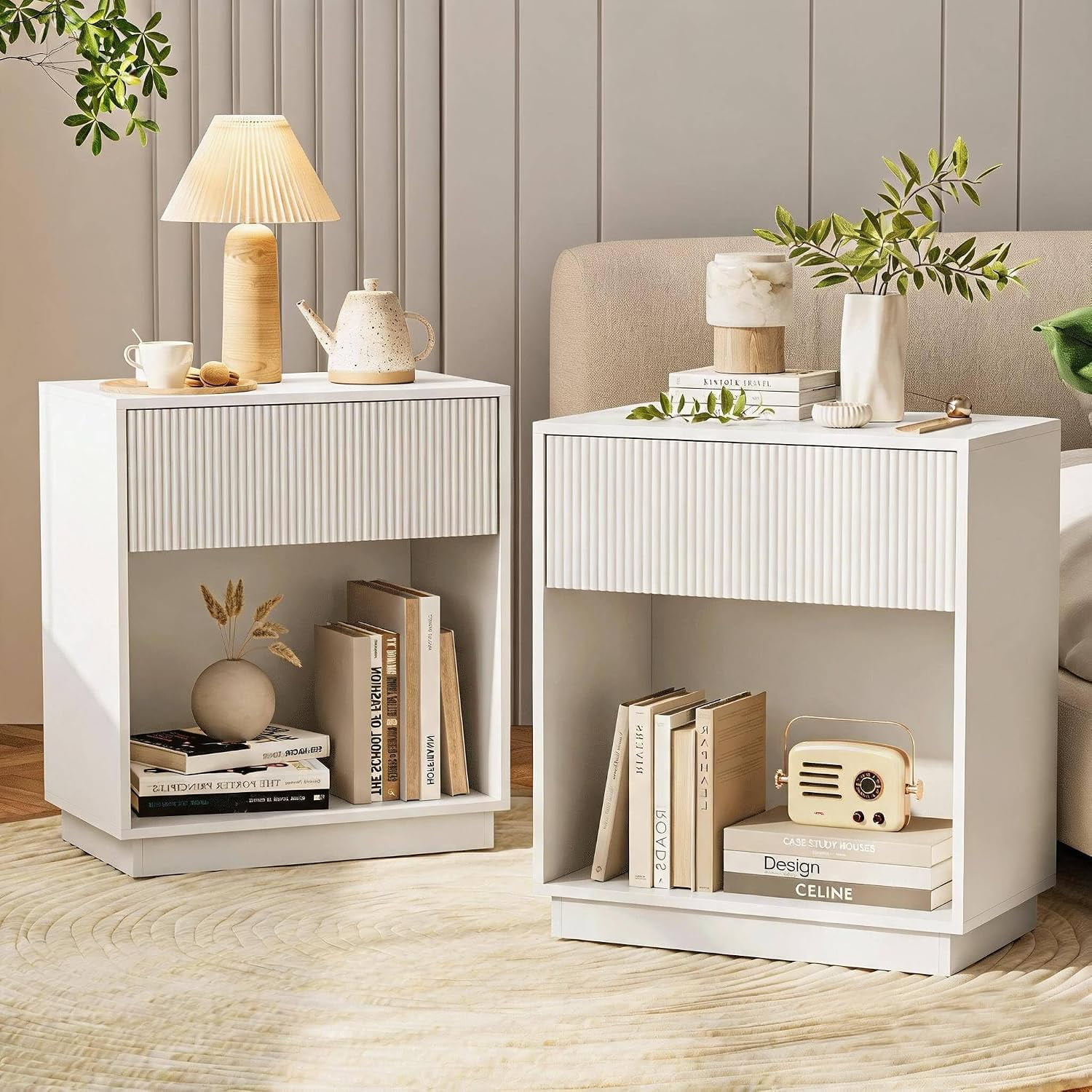 Fluted Nightstands Set of 2 Modern Bedside Table with Storage Drawer and Open Wood Shelf Wood End Table Mid Century Night Stands for Bedroom Living Room Sofa Couch Office White