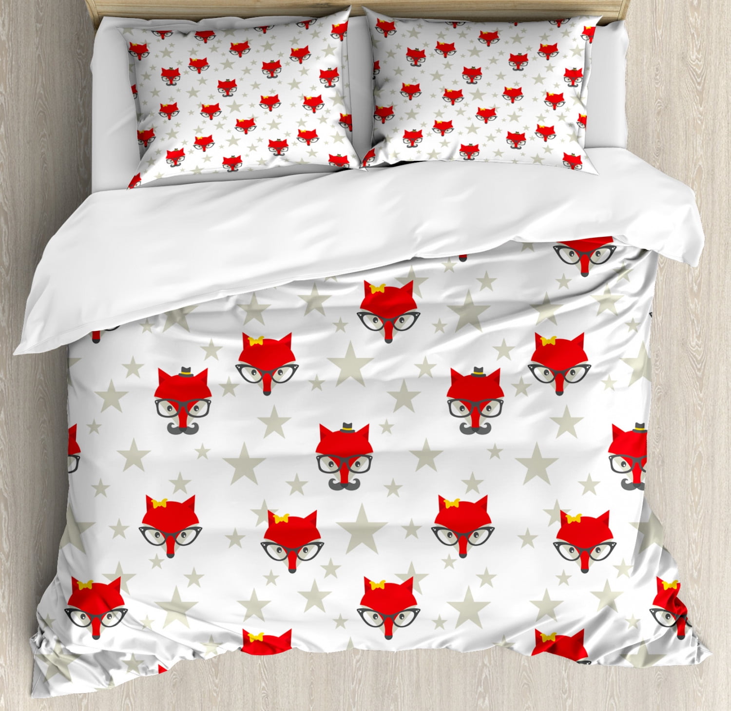 Kids Boys Queen Size Duvet Cover Set Hipster Foxes With Hats