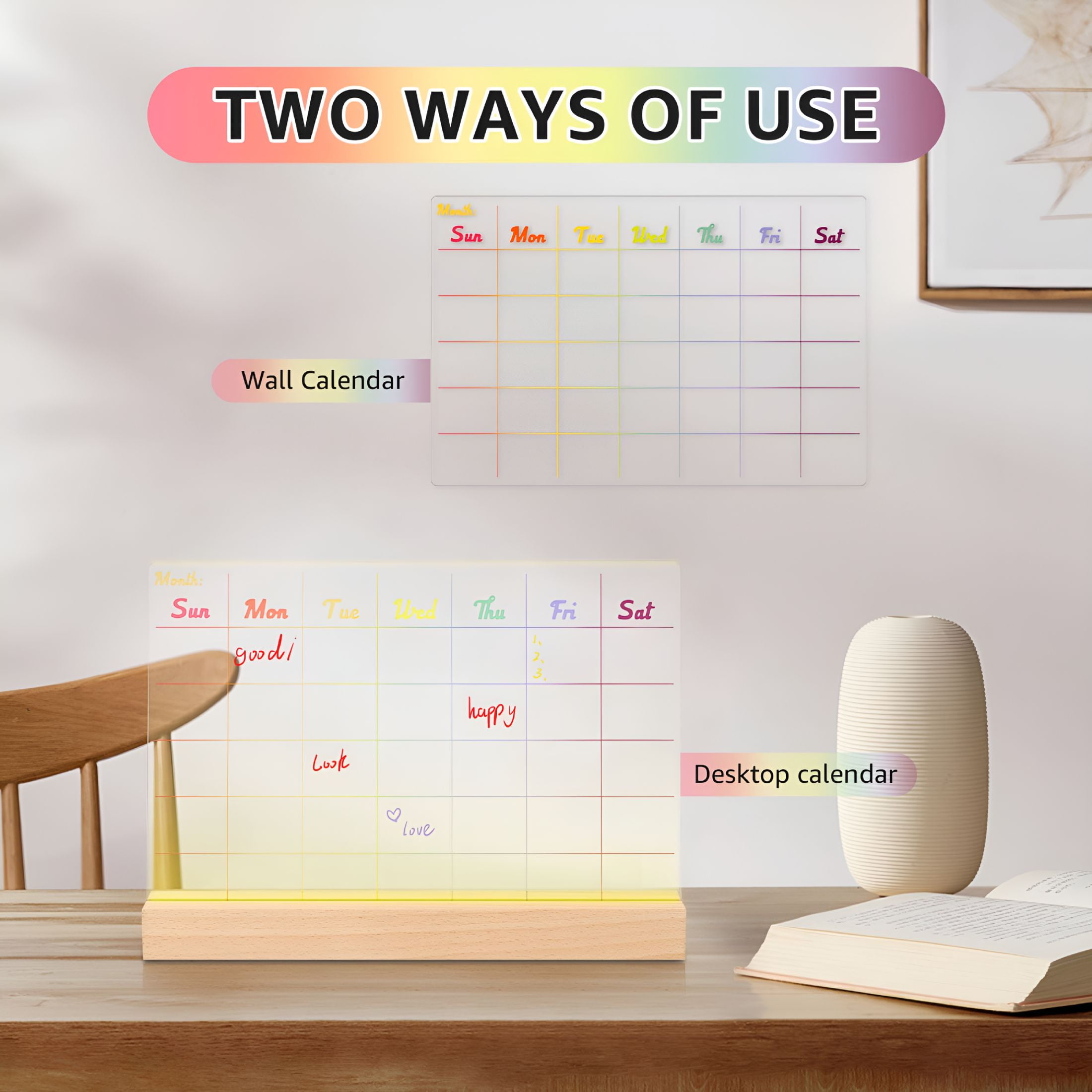 CCOCC 2026 New Dry Erase Calendar Reusable Acrylic Desk Calendar with Wood Base Light Up Dry Erase Board for Office Home Bedroom Holiday