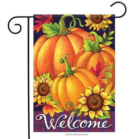 - Pumpkin Trio Welcome Fall Garden Flag Pumpkins Leaves Flowers 2 Sided 12.5