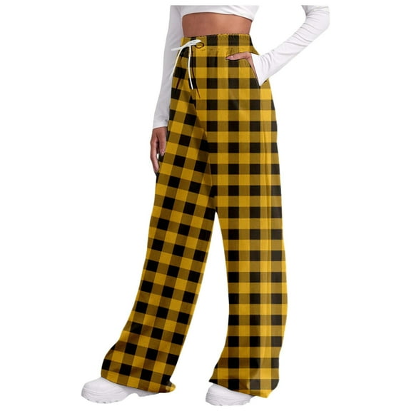 Arlun Plaid Wide Leg Pants for Women Elastic High Waist Drawstring Loose Trousers Checkered Printed Baggy Lightweight Long Pant with Pockets Casual Comfort Fashion Clothes Yellow XL